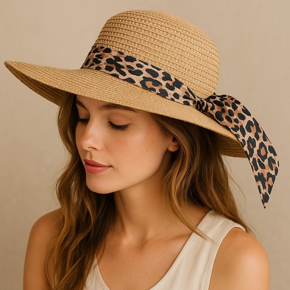 Sun And Sand Accessories - Sun N’ Sand Straw Sun Hat Wide Brim Leopard Print Scarf Ribbon Bow Women’